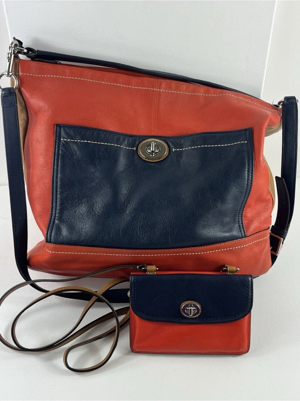 Coach Two-Tone Navy and Orange Leather Shoulder Bag with Matching Pouch